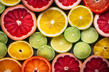 Top view of vibrant and juicy citrus fruit slices creating a refreshing and textured composition.の素材