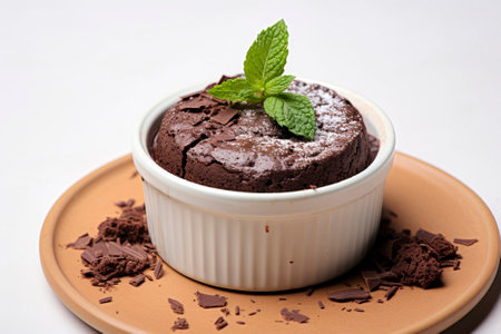 Indulge in the velvety delight of a creamy chocolate pudding against a clean white backdropの素材
