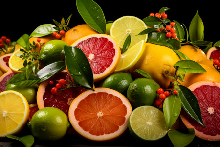 Vibrant and delicious food composition featuring a variety of fresh citrus fruits.の素材