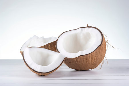 Fresh coconut pieces artistically arranged on a pristine white background.の素材