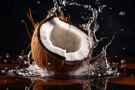 Fresh coconut in mid-air, making a water splash, symbolizing refreshing vitality.の素材