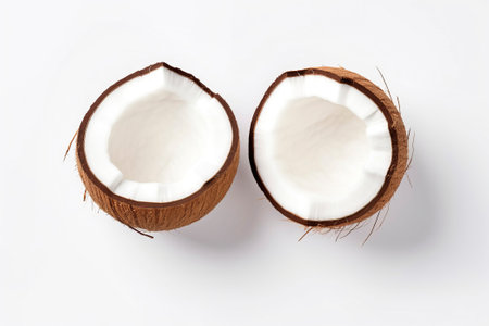 Fresh coconut pieces artistically arranged on a pristine white background.の素材