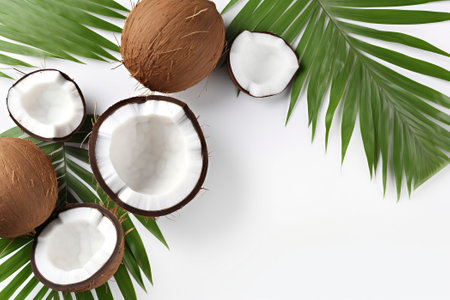 Fresh coconut segments artfully displayed on a white background with ample copy space.の素材