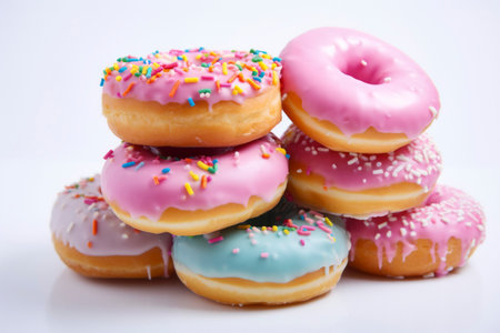 Colorful donuts showcased in a delicious array against a pristine white backdrop.の素材