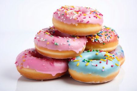 Delightful stack of vibrant donuts perfectly contrasted against a white background.の素材