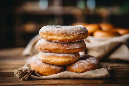 Vertically stacked, vibrant donuts on a rustic textured background, a feast for the eyes.の素材