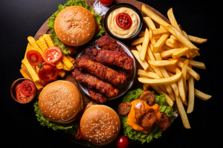 Top view showcasing a tantalizing burger, onion rings, and chips, capturing the essence of fast food.の素材