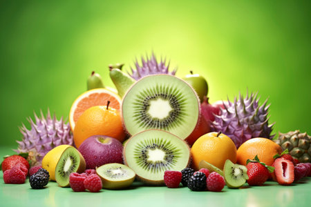Diverse array of vibrant exotic fruits presented in a tantalizing composition.の素材