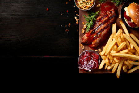 Top view showcasing a tantalizing burger, onion rings, and chips, capturing the essence of fast food.の素材