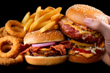 Delectable composition of a burger, crispy onion rings, and chips, epitomizing fast food delight.の素材