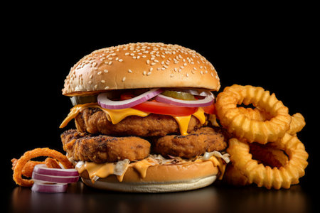 Delectable composition of a burger, crispy onion rings, and chips, epitomizing fast food delight.の素材