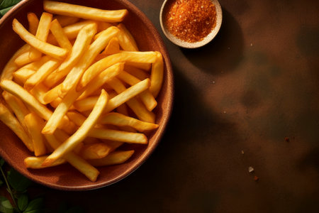 Top view of delicious crispy French fries, perfectly arranged with space for text.の素材