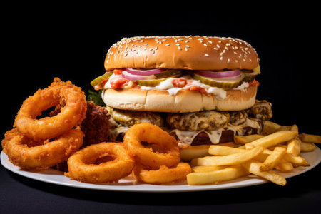 Delectable composition of a burger, crispy onion rings, and chips, epitomizing fast food delight.の素材