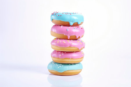 Delightful stack of vibrant donuts perfectly contrasted against a white background.の素材