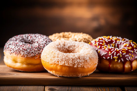 Tasty colorful donuts artfully arranged on a rustic textured background, inviting indulgence.の素材