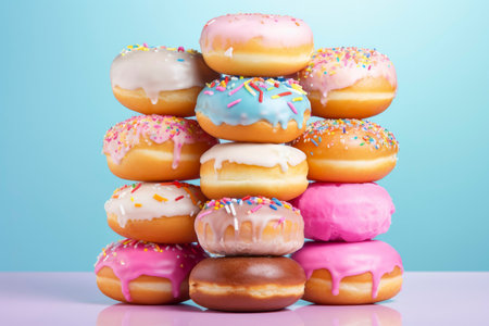 Delightful stack of vibrant donuts perfectly contrasted against a white background.の素材