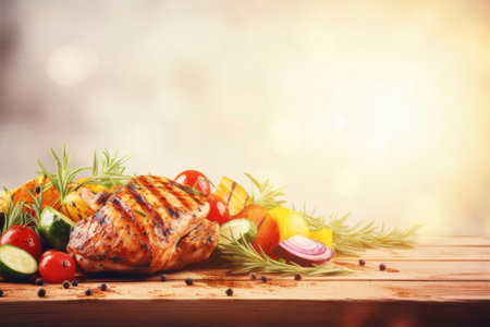 Fresh green salad paired with succulent baked chicken on a clean white backdrop.の素材