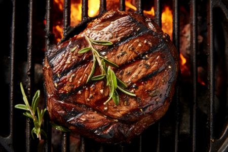 Perfectly grilled meat food composition showing its juicy and delectable texture.の素材