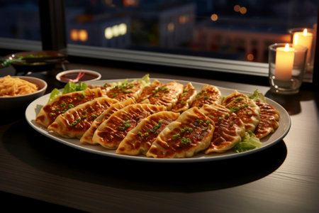 A composition of tasty Gyoza, showcasing the essence of Japanese and Korean cuisine.の素材