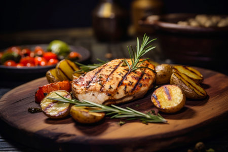 Fresh green salad and baked chicken presented on a rustic textured background.の素材