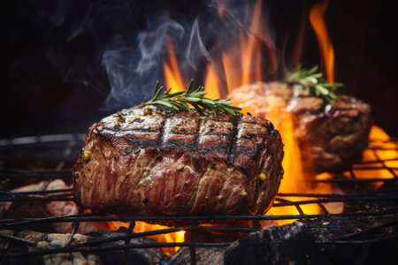 Perfectly grilled meat food composition showing its juicy and delectable texture.の素材