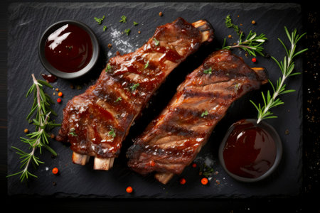Perfectly grilled pork ribs drizzled with sauce, presented in a rustic food composition.の素材