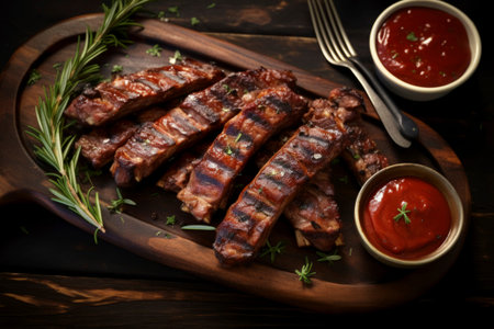 Perfectly grilled pork ribs drizzled with sauce, presented in a rustic food composition.の素材