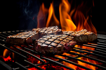 Perfectly grilled meat food composition showing its juicy and delectable texture.の素材