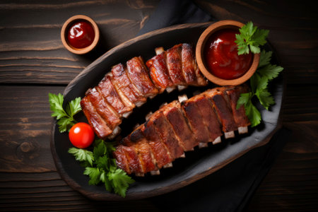Perfectly grilled pork ribs drizzled with sauce, presented in a rustic food composition.の素材