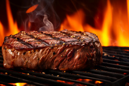 Perfectly grilled meat food composition showing its juicy and delectable texture.の素材