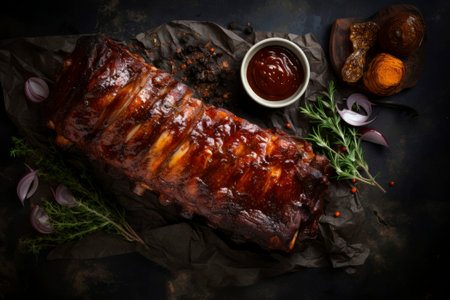 Perfectly grilled pork ribs drizzled with sauce, presented in a rustic food composition.の素材