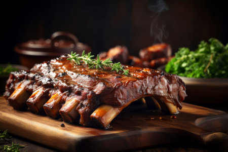 Perfectly grilled pork ribs drizzled with sauce, presented in a rustic food composition.の素材