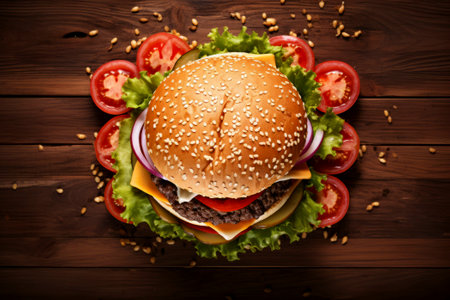 A delicious hamburger paired with crispy chips on a rustic backdrop.の素材