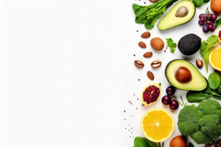 An overhead shot capturing a diverse selection of healthy foods, leaving room for text.の素材
