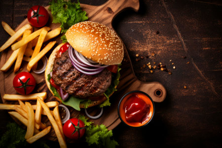 Elevated view of a mouth-watering hamburger with chips, set on a rustic surface with copy space.の素材