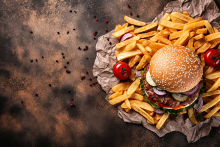Elevated view of a mouth-watering hamburger with chips, set on a rustic surface with copy space.の素材