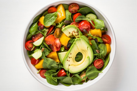 Top view of a fresh and colorful salad bowl, highlighting a mix of wholesome ingredients.の素材