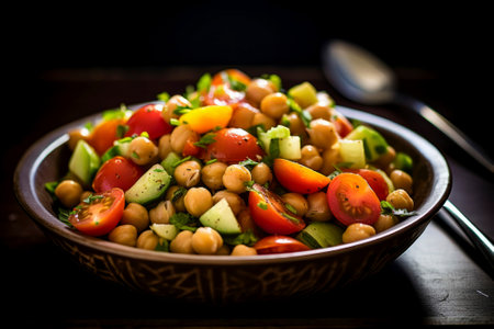 Fresh homemade chickpea and vegetable blend, captured in a natural composition.の素材