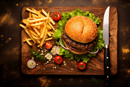 A delicious hamburger paired with crispy chips on a rustic backdrop.の素材