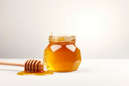A clear top view of a honey jar, perfectly isolated on a white background with copy space.の素材