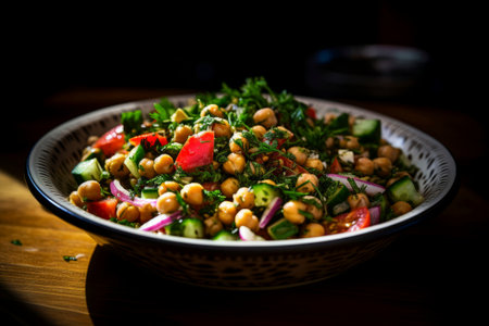 Fresh homemade chickpea and vegetable blend, captured in a natural composition.の素材