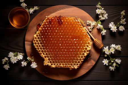 Aesthetic top view of honey drizzling in a rustic setting with ample copy space.の素材