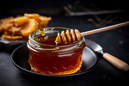 A delightful food composition featuring honey drizzling, set against a rustic background.の素材