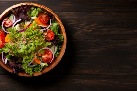 Top view of a fresh and colorful salad bowl, highlighting a mix of wholesome ingredients.の素材