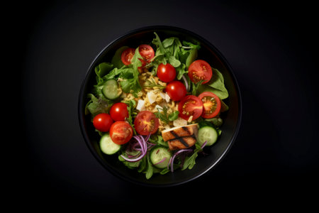 Top view of a fresh and colorful salad bowl, highlighting a mix of wholesome ingredients.の素材