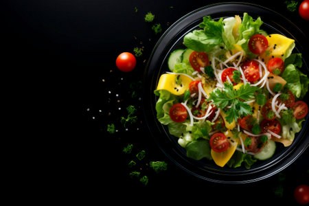 Top view of a fresh and colorful salad bowl, highlighting a mix of wholesome ingredients.の素材