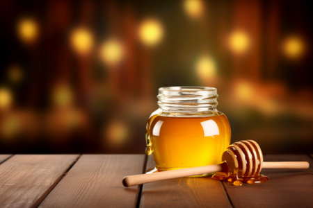 A delightful food composition featuring honey drizzling, set against a rustic background.の素材