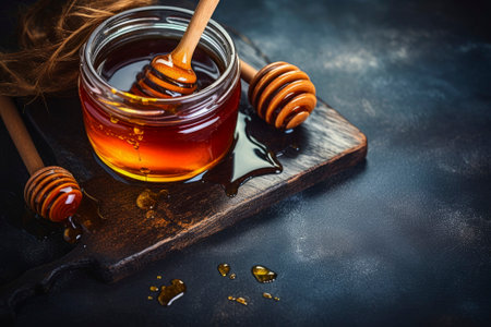 Aesthetic top view of honey drizzling in a rustic setting with ample copy space.の素材