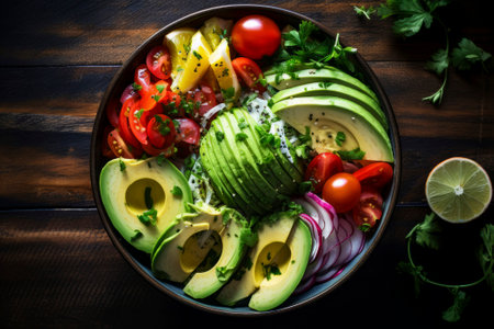 Top view of a fresh and colorful salad bowl, highlighting a mix of wholesome ingredients.の素材