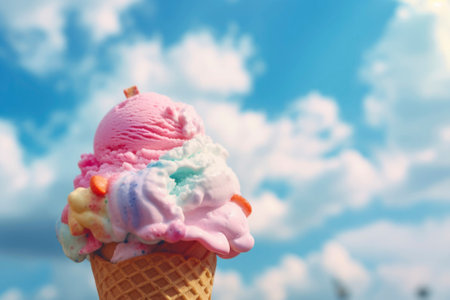 Delectable ice cream cone set against a vibrant summer-themed backdrop.の素材